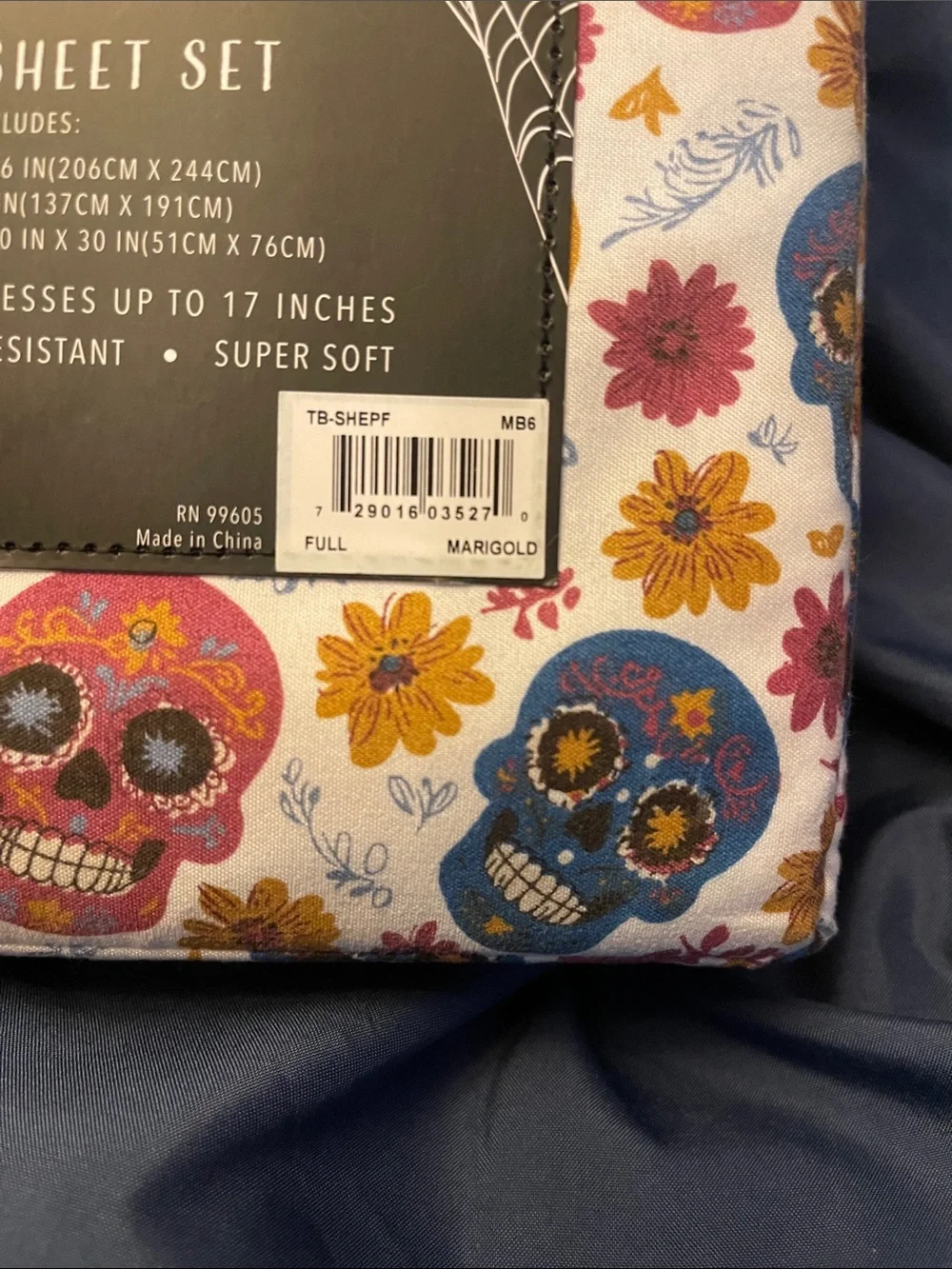 Mellow & Mod Full Sheet Set in White with Blue, Gold & Pink Sugar Skull Prints